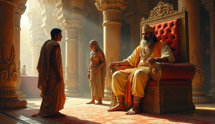 In an ancient Indian palace, a king sits on a throne, with a man kneeling beside him, and a poor working woman on the other side.