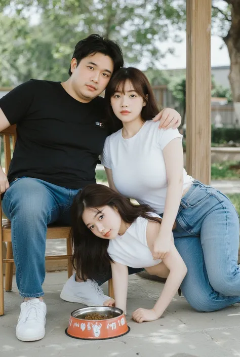 A realistic photograph captured by a professional photographer featuring an Asian man with a slightly chubby build and a noticeable belly, wearing a black t-shirt, jeans, and white sneakers, seated on a wooden chair and facing the camera. A Japanese woman ...