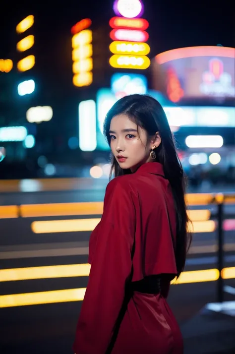 (Cinematic Aesthetics :1.4) Night photo of a beautiful Korean fashion model in the bokeh city