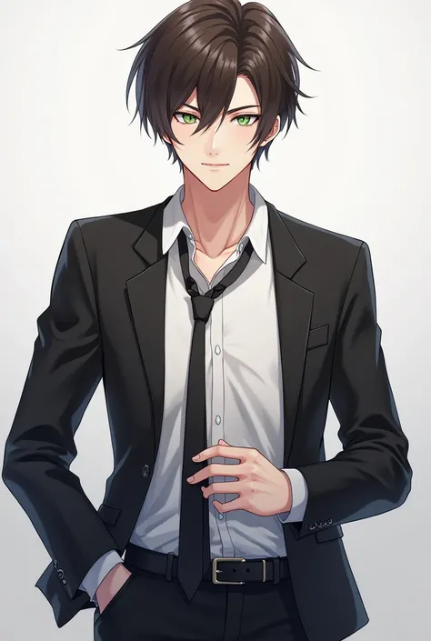 anime boy,   green eyes  ,   ulybka,  beautiful , High,   white shirt , black jacket,   black pants  ,  stylish hairstyle ,  brunette ,   art, straightens the tie with a black tie, full face