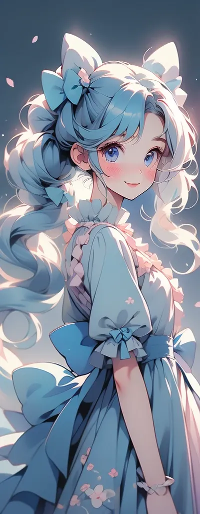 (pastel:1.2)、Ezvian everywhere、Long twin tails、blue Bow and Bow、cute Eyes、Fluffy gothic dress、gentil smiling、Touch the mouth、Fluffy 、original、Round background、Colorful gradient, whole body drawing