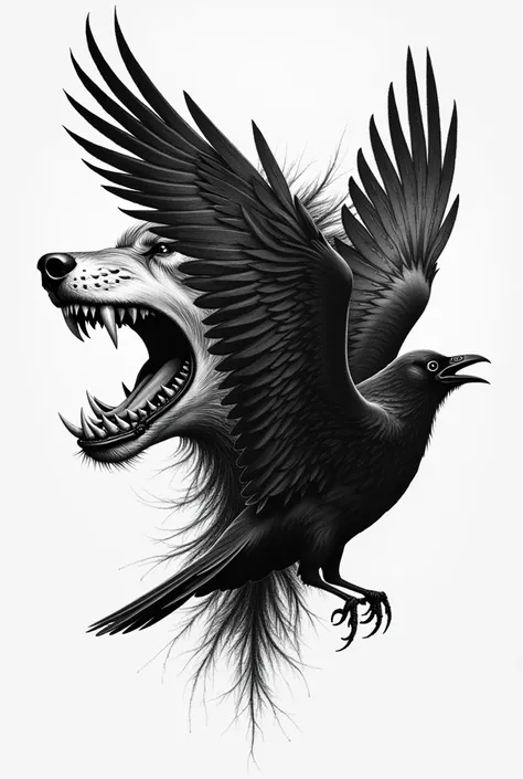 Shoulder tattoo with a wolfs head and a crow going from the opposite direction in black and whitenot realistic