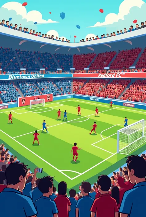  Cartoon illustration in simple style and Detailed description of a soccer stadium divided into two fans:  half dressed in blue for Bluetown United and the other one in red for Redford FC .  The stands are full of stylized characters holding banners , flag...