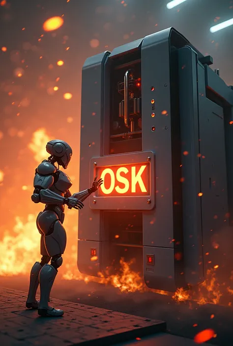 Robot touch OSK logo, background mesin inject vertikal with fire and laser