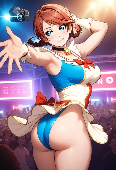 seductive, perfect lighting, perfect shadows, emma verde, auburn hair, blue eyes, bangs, swept bangs, short hair, twin braids,RUKIA Style, looking away,blushing,thin waist , cowboy shot,armpit_crease,in corral,bell choker, smile, surrounded by crowd,camera...