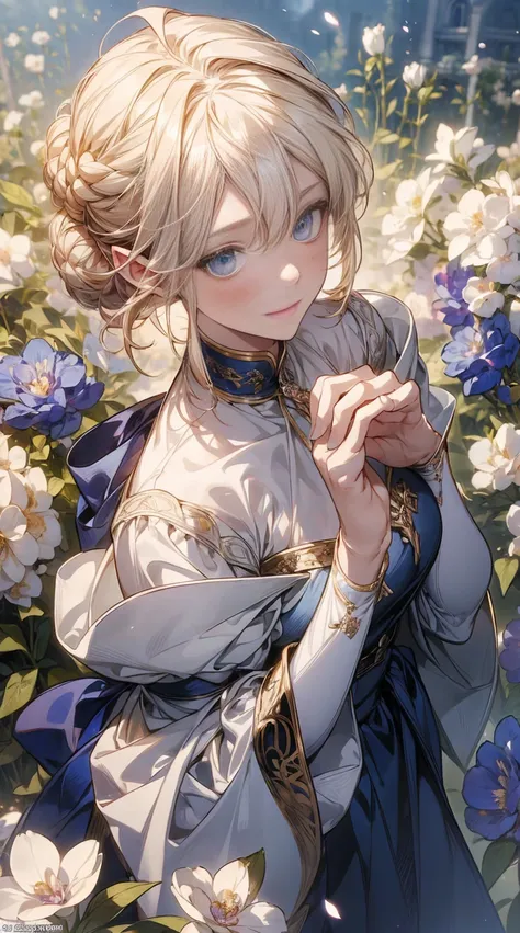 (masterpiece), best quality, ultra-detailed, illustration, detailed light, an extremely delicate and beautiful elf girl, deep blue eyes, light smile, (from front), (face focus), hands together, an aerial garden where flowers are in full bloom, petals dance...