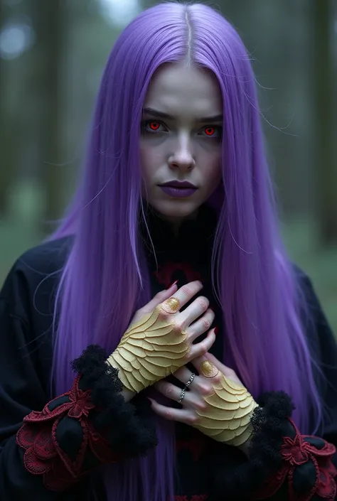 woman, Jellyfish, (Medieval feudal period:1.1),  Slavic Characteristics , ( long straight purple hair gradient pro red), (red eyes), (Intense expression), purple lipstick ,  white skin, (Black gothic clothes with red details :1.1), Yellow scales on hands, ...