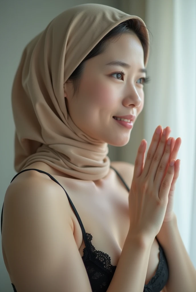 RAW. close-up photo. ((camera direction from side)) 8K quality, high resolution. realistic. Japanese woman, mature, beautiful. Wearing a beige hijab on the head. Wearing a black bra ((big breasts)) big breasts visible from the side. clean armpits. hands up...