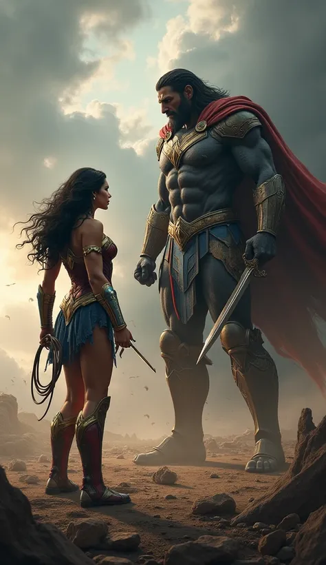 An ancient battlefield with a stormy sky, Wonder Woman in her armor holding her lasso, confronts Ares, the god of war, clad in dark armor, brandishing a sword.