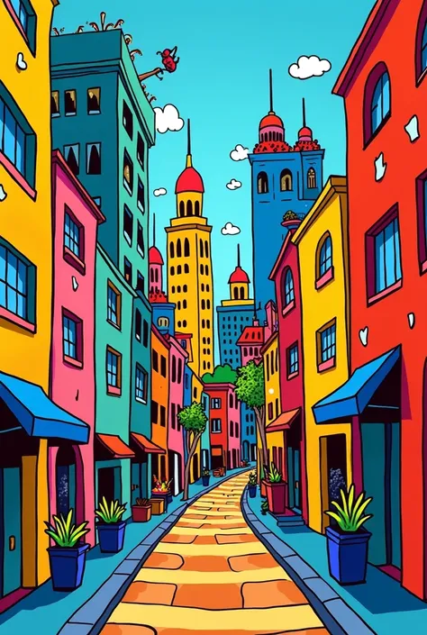 Illustrazione di una città funny fronte view in stile romero britto