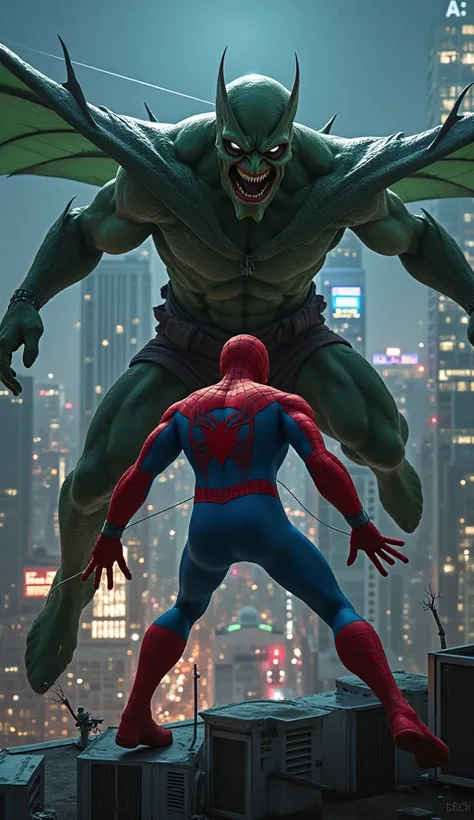 A bustling New York rooftop at night, Spider-Man in his red and blue suit, swinging into action, faces the Green Goblin, who hovers menacingly on his glider, cackling.