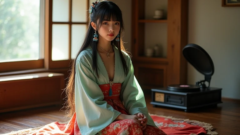 whole body、 sitting figure、 realistic 、 real、photograph、 1 girl, whole body、Alone, gem,  detachable sleeve,  Necklaces ,  blue beaded earrings, Hakama skirtYunaFFX, ultra high resolution, Old Japanese House、Record player、photograph, photographrealistic,  h...