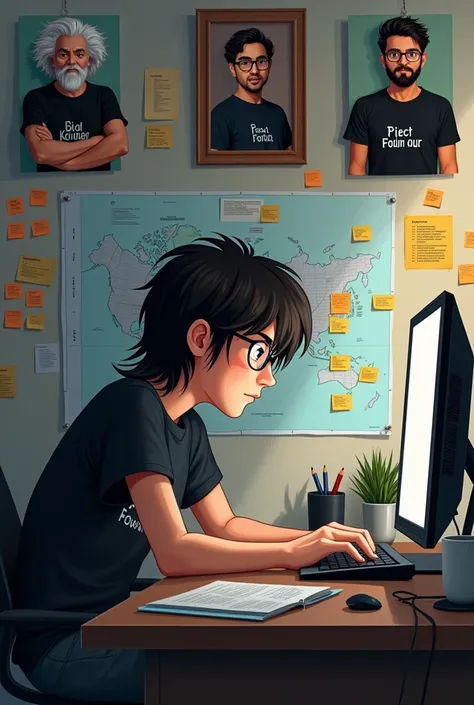 A boy doing hard work programing on computer, and there is a wall on which its road map and sticky notes are. Place a picture of  Nietzsche, virat and romi on wall too. They boh has eye glasses and black t. Shirt of friends logo and also boy has long hair ...