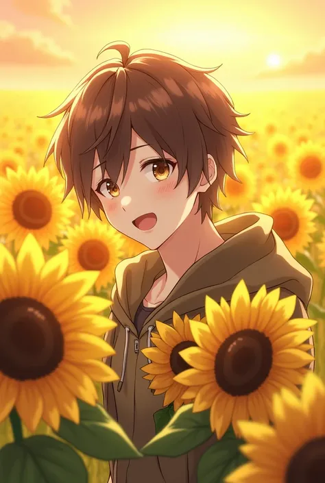 A young man with brown hair ,  Light Brown Eyes ,The two-block hair, the white skin ,  happily holds sunflowers in the spring. The atmosphere behind it is like a field of sunflowers where the sun is setting on the horizon, mouth open., Anime, สไตล์Anime, 