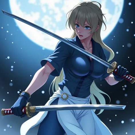  physically fit woman with long blond hair and big breasts wearing a katana anime version 