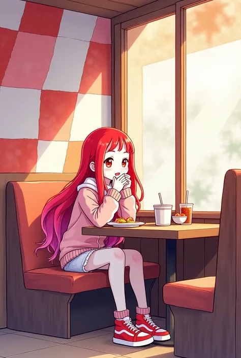 Manga cartoon   A Girl  skin white smile , long   hair colour  red - white and  pink  gradient , wear outfits  Winter   and  sneaker colour red  and  white  eating  foods and drinking juice  in restaurant style long away ,  backdrop  wall window pattern pa...