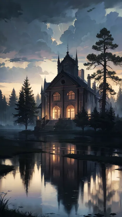 (oak house,pine forest),heavy rain, (dark scene,night scene),(best quality,highres:1.2),ultra-detailed, HDR, (oil painting,realistic:1.37),(stormy atmosphere,moody ambiance),vivid colors, (thick raindrops,soaked ground), (reflection on windows,glowing lamp...