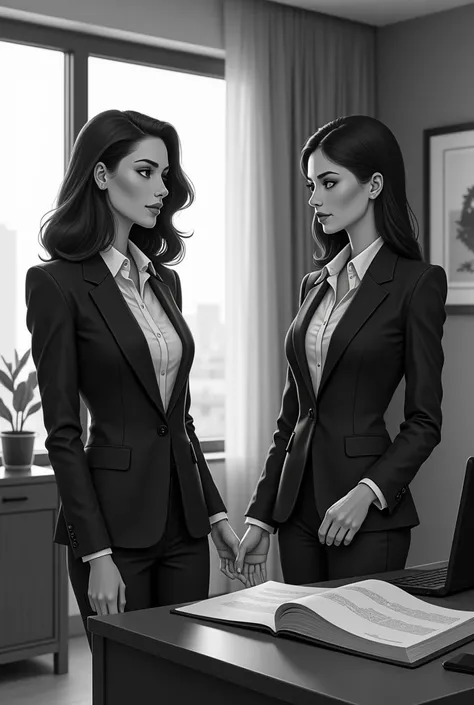 two woman wearing suit in a office, black theme