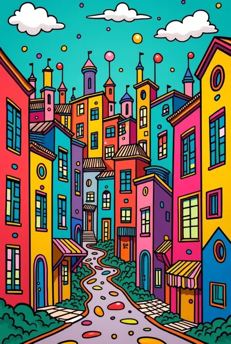 Illustrazione di una città funny fronte view in stile romero britto