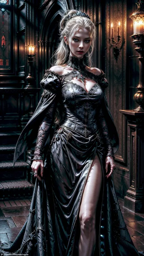 Highly detailed, cinematic, realistic. A regal female vampire from the Ventrue clan, embodying vampiric aristocracy. She has piercing ice-blue eyes, platinum-blonde hair styled into an elegant chignon, and flawless pale skin. Dressed in a tailored midnight...