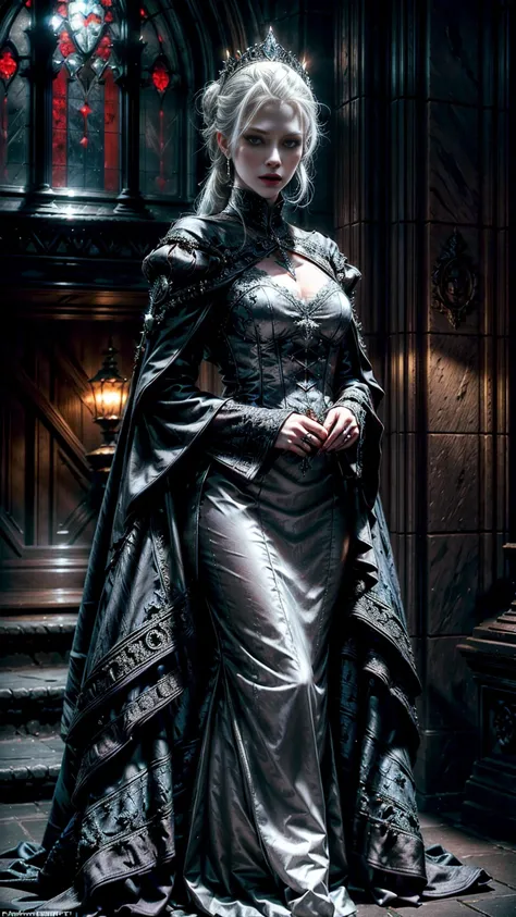 Highly detailed, cinematic, realistic. A regal female vampire from the Ventrue clan, embodying vampiric aristocracy. She has piercing ice-blue eyes, platinum-blonde hair styled into an elegant chignon, and flawless pale skin. Dressed in a tailored midnight...