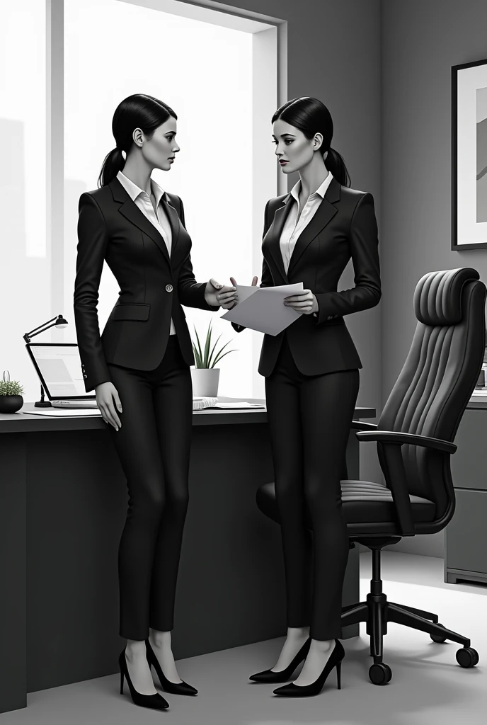 two woman wearing suit in a office, black theme