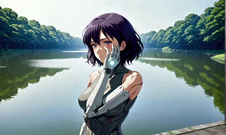 Ghost in the shell, Motoko Kusanagi (iconic cyborg, extreme battle damage, covering of right side of face ripped off, right arm busted gone below elbow) she is staring ay herself from the shore of a tranquil lake, Tokyo
