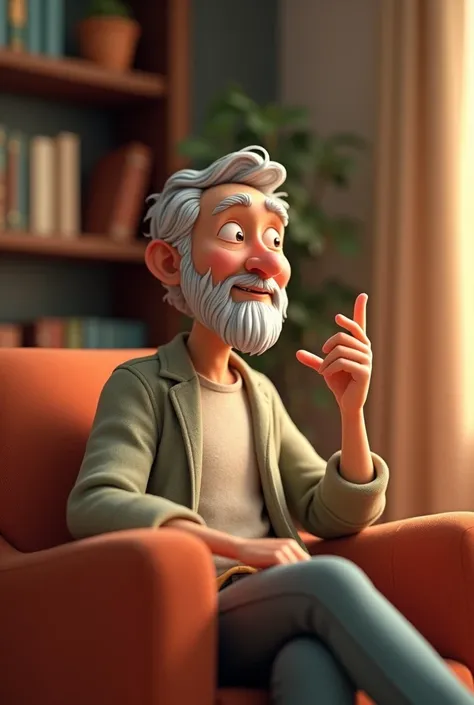 : A middle-aged man in a thoughtful pose, sitting on a chair, gesturing with his hand as he talks about spiritual teachings. The background is a peaceful home setting with a few books on a shelf.
3D young cartoon photo 