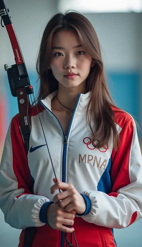 Female 18 years old， archery at the Olympics ，Korean team ，1 Beauty， delicate facial features ， cute， white skin， long hair，Full body photo，Panoramic view，Wide-angle lens， Olympic venues ， professional equipment ，Key Points， ten rings ， Olympic games backg...