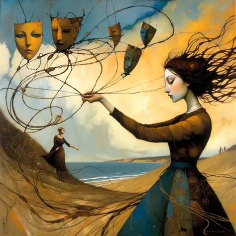 oil and acrylic painting. In the style of Dave McKean, Klimt.  A young woman energetically holds a thread to which are attached several theatrical masks floating in the sky and tries to prevent the wind from ripping the thread from her hands . The backgrou...