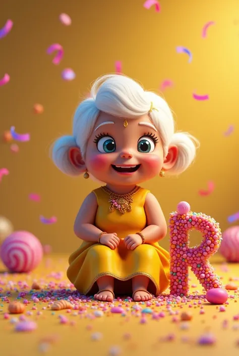 Create a cinematic 3D illustration of a happy old chubby Indian woman with short hair and shiny white.  Shes wearing a yellow dress and sitting next to a big ,  letter R in the style ren ,  adorned with vibrant , sweets coloridos diferentes, sweets, and tr...