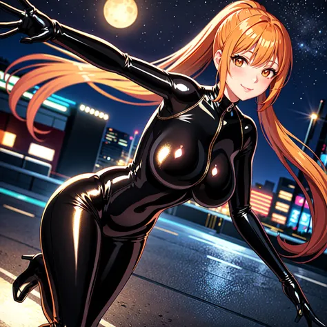 1girl , masterpiece ,  best quality ,  super detailed ,  pretty girl , smile , Big Breasts ,  standing ,  full body suit  , latex , (Shiny clothes:1.2) ,  orange eyes ,  orange hair ,  ponytail , Outdoor , night , Cute , cute