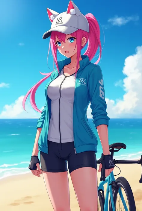 1girl, animal ear headwear, animal hat, baseball cap, beach, bike jersey, blue eyes, blue jacket, cat hat, fingerless gloves, gloves, hat, jacket, long hair, looking at viewer, ocean, pink hair, ponytail, sky, solo, full body, muscle girl