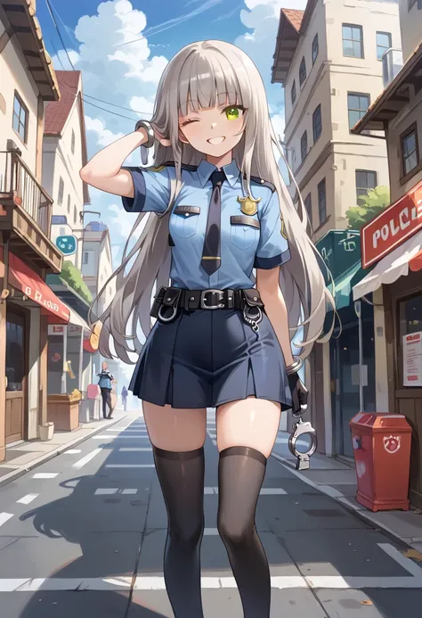 (masterpiece),(best quality),(ultra-detailed), (illustration),score_9,score_8_up,score_7_up,(an extremely delicate and beautiful) BREAK (black thigh-high socks:1.5),(zettai ryouiki:1.4),holding 1 handcuffs,smile,one eye closed BREAK 1 teenager girl,hime cu...