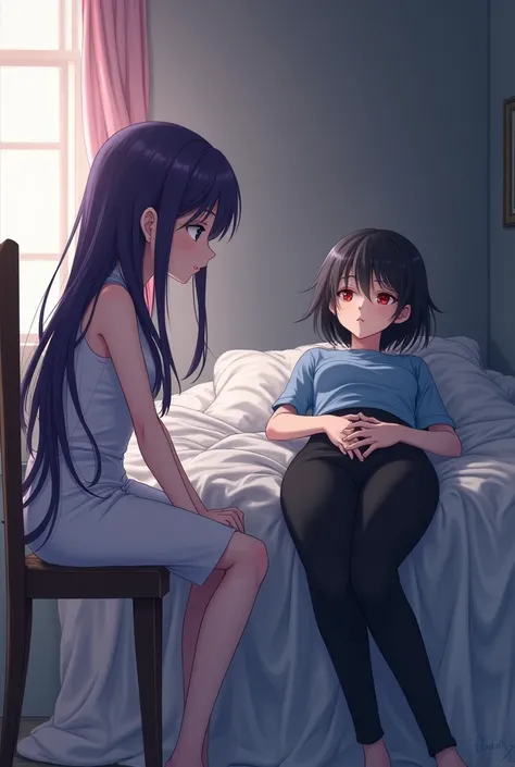 An anime girl with black hair, long purple locks and innocent black eyes. At the age of 18, she wears a very elegant dress. She sits on a bedside chair and looks at an 18-year-old girl with short black hair and red eyes that lie on the bed and puts her han...