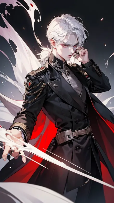 8k, masterpiece, best quality, highly detailed, 1 male, warlock, white hair, sinister, gloomy, expressionless, red and black trench clothes, thin, close up view, rings, looking at viewer, standing, holding pistol, smoking cigarettes, female devil over shou...