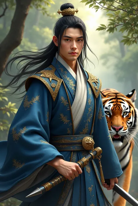 ((best quality)), ((masterpiece)), (detailed), perfect face Photo realistic image of a 19 years old young man in a gold patterned blue hanfu. Intricate gold hair piece. Proud, regal personality, Attractive, long black hair. Kind and brave, courageous chara...