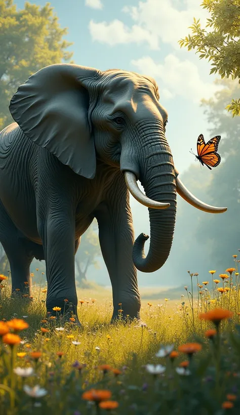 In a lush meadow, a colossal Elephant faces a delicate yet commanding Butterfly. The elephant, with its massive, gray form and tusks gleaming in the sunlight, stands firm, its trunk raised as a warning. The butterfly, with wings the size of sails, flutters...