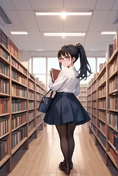 Black hair, ponytail, glasses, bookstore, clerk