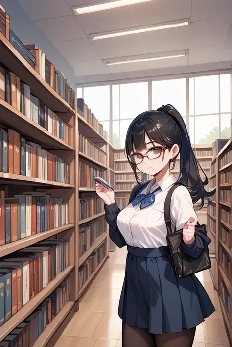 Black hair, ponytail, glasses, bookstore, clerk