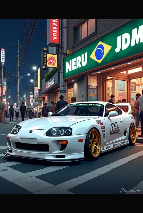 White Toyota Supra 1998 custom paint pearl and “NERU racing” decals on it, custom golden wheels, in the Japan downtown, street lights, night, people walking, side view car, realistic, 16k, street art in the wall behind the car, written very clearly store f...