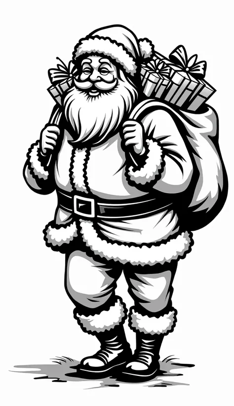 vector image, Stencil for coloring, black outline on a white background, Santa Claus with gifts, 3/4,