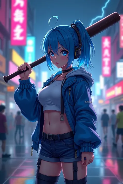  blue-haired anime girl holds a baseball bat in town, Cyberpunk art , inspired by Leng Mei , pixiv contest winner, neoism , cool anime 8k, anime style 4k,  martial style anme girl , Blue Lightning, 4K anime wallpaper,  Cyberpunk anime girl , digital cyberp...