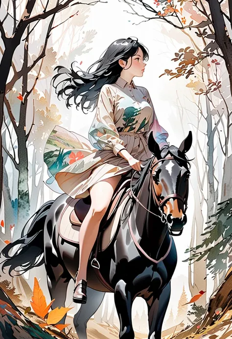 (masterpiece, best quality),(double exposure:1.2), watercolor print collage depicting,(solo french girl riding back on a horse,beautiful face, black hair,fantastic woods),she is surrounded by trees and branches symbols, collage art, contemporary art,