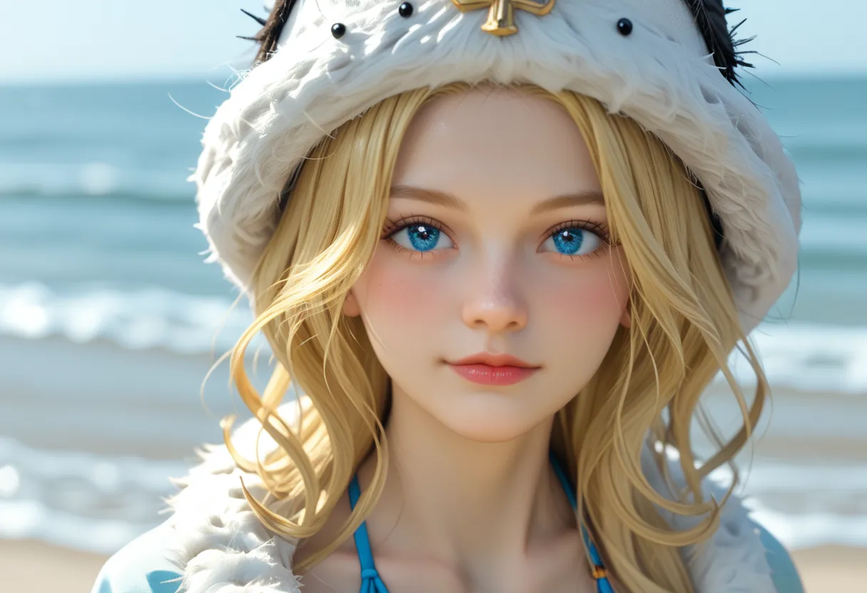 blond woman with blue eyes and fur hat on beach near water, karol bak uhd, beautiful nordic woman, portrait of nordic girl, anna...