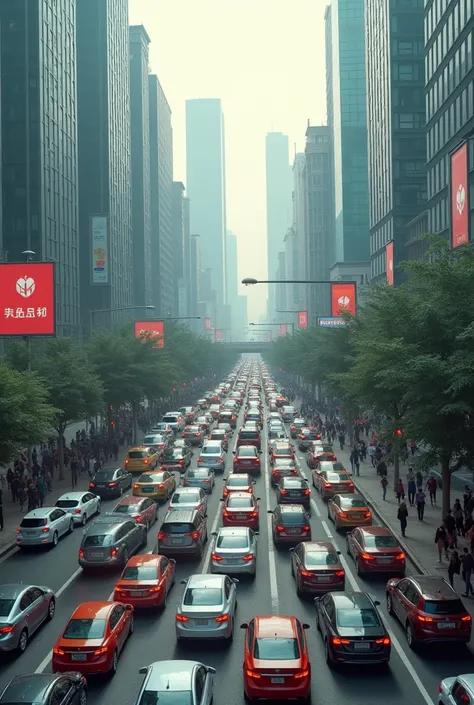 Its a picture of a crowded modern Chinese car road