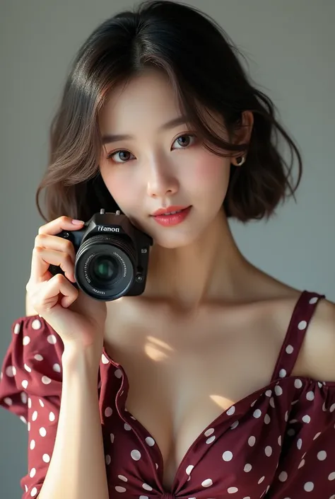  Beautiful Korean woman wearing a short red maroon dress mixed with white spots,digang seedy facing camera soft and cute smile ,holding the camera. ultra HD, Realist. 