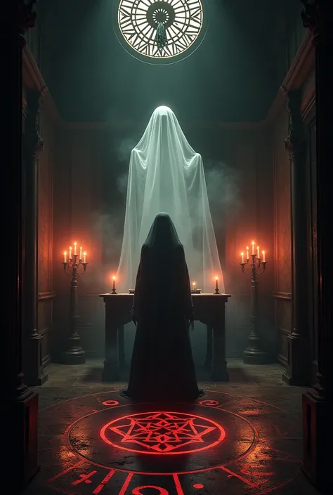 Design a mystical, eerie séance scene where Sarah Winchester attempts to contact the spirits. The setting should be dimly lit, with an altar in the center, candles flickering, and strange symbols etched into the floor or walls. A ghostly, faint presence sh...