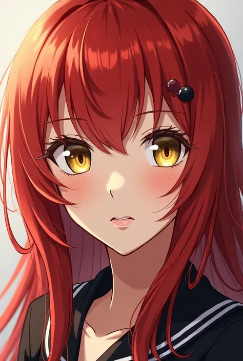 Anime woman with red hair, yellow eyes, straight face