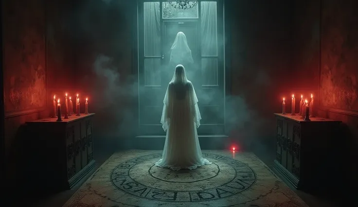 Design a mystical, eerie séance scene where Sarah Winchester attempts to contact the spirits. The setting should be dimly lit, with an altar in the center, candles flickering, and strange symbols etched into the floor or walls. A ghostly, faint presence sh...